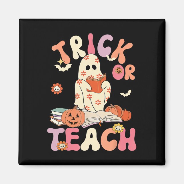 Imã Halloween Trick ou Teach Retro Floral Ghost Teache (Frente)