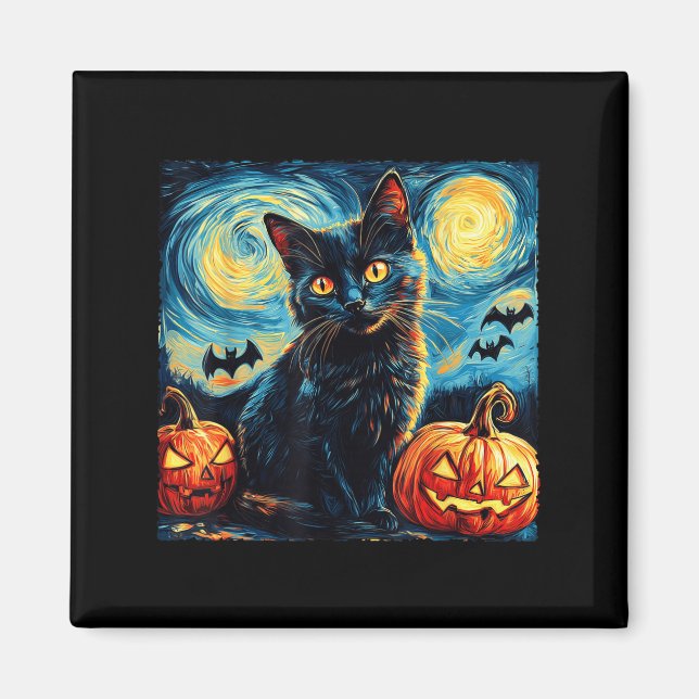 Imã Halloween Van Gogh Starry Night Black Cat Pumpkins (Frente)