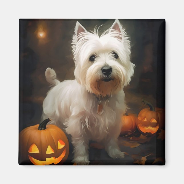 Imã Halloween West Highland White Terrier Pumpkins (Frente)