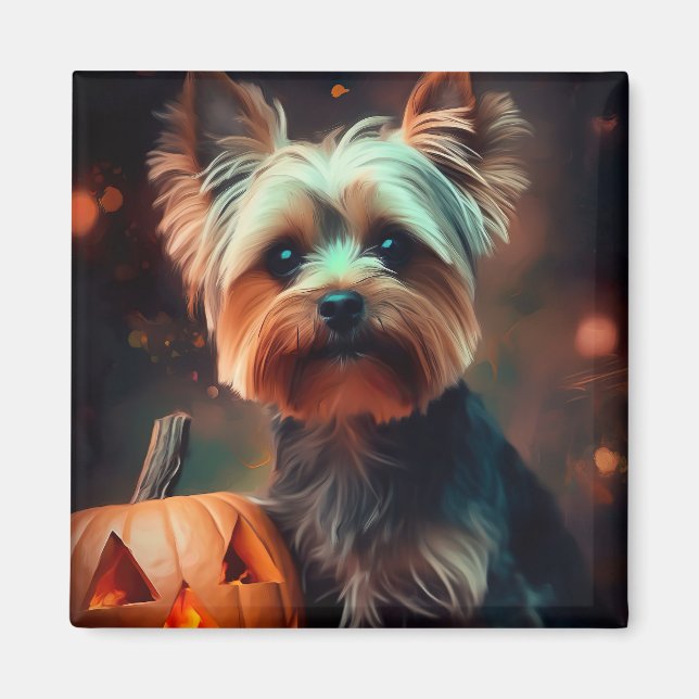 Imã Halloween Yorkshire Terrier Com Pumpkins Assustado (Frente)
