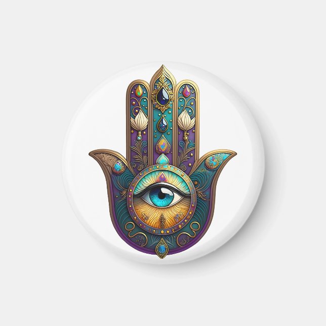 Imã Hamsa Violeta Dourado Turquesa com Terceiro Olho T (Frente)