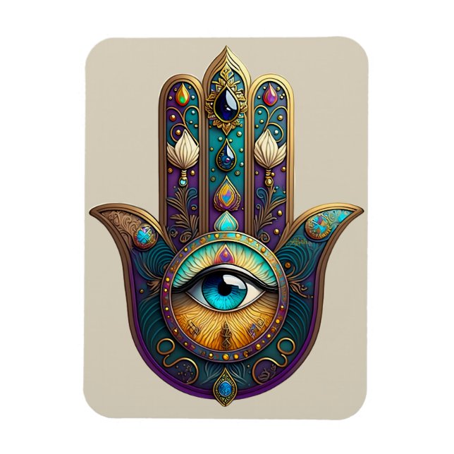 Ímã Hamsa Violeta Dourado Verde Água com Terceiro Olho (Vertical)