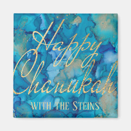 Imã Hanukkah Magnet Square Happy Chanukah Dourado/Blue