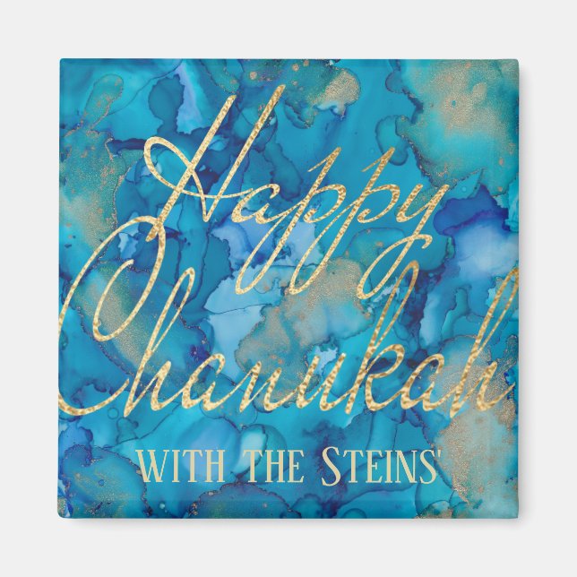 Imã Hanukkah Magnet Square Happy Chanukah Dourado/Blue (Frente)