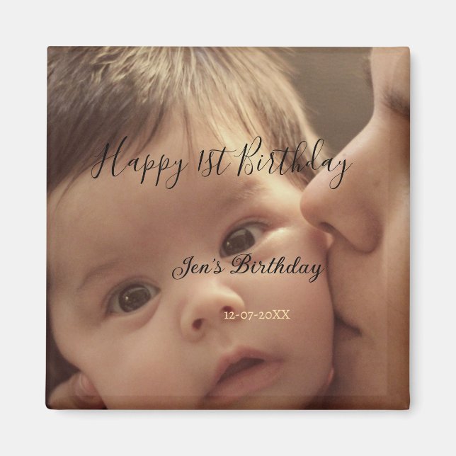 Imã Happy 1st birthday name photo date stylish calligr (Frente)