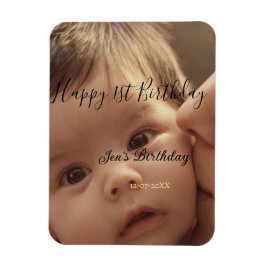 Ímã Happy 1st birthday name photo date stylish calligr