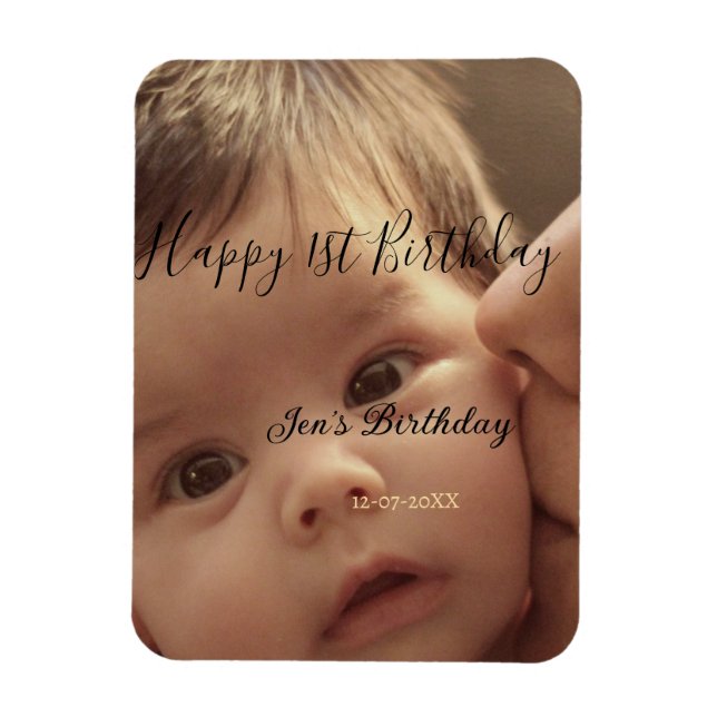 Ímã Happy 1st birthday name photo date stylish calligr (Vertical)