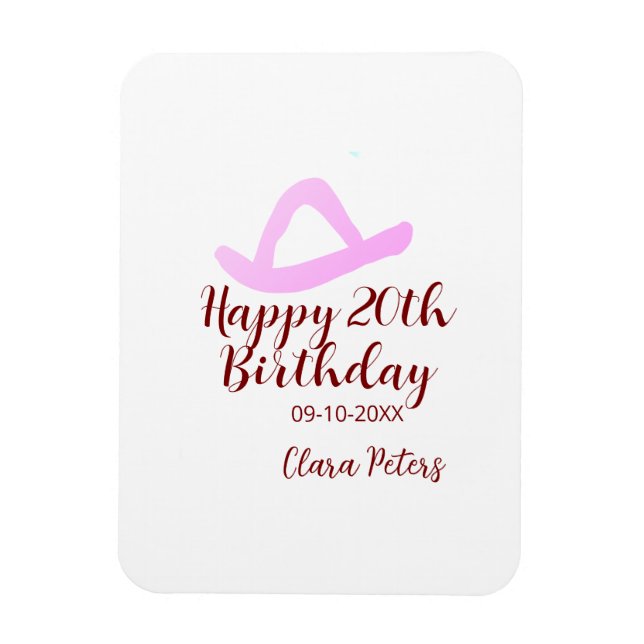 Ímã Happy 20th birthday pink cowboy girl name date sim (Vertical)