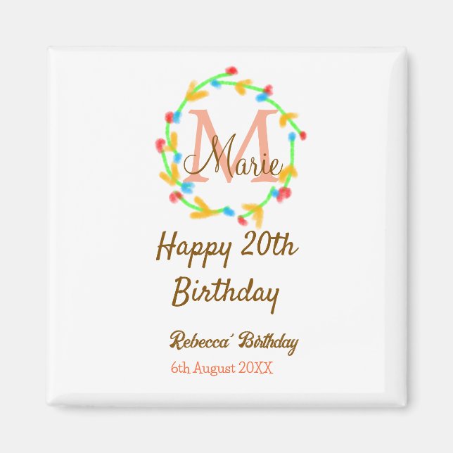 Imã Happy 20th Birthday red add name monogram wreath (Frente)