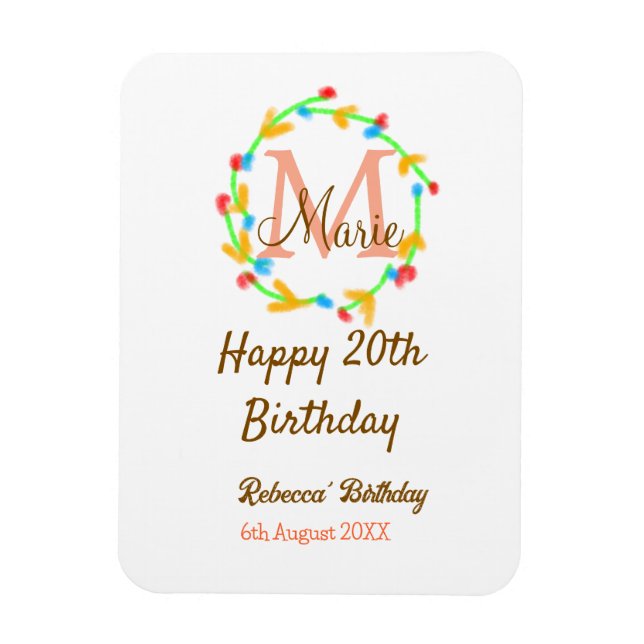 Ímã Happy 20th Birthday red add name monogram wreath (Vertical)