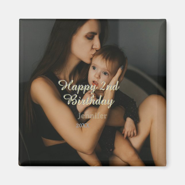 Imã Happy 2nd birthday kids baby mother yellow gray na (Frente)