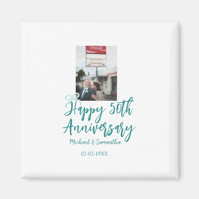Imã Happy 50th anniversary photo turquoise bow name da (Frente)
