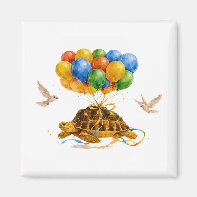 Imã Happy Birthday flying Sulcata turtle with balloons (Frente)