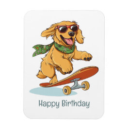 Ímã Happy Birthday Golden Retriever Dog Skateboarding