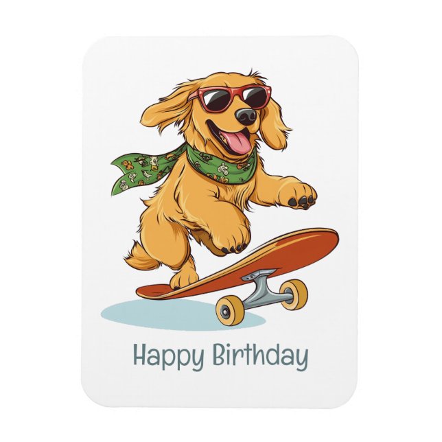 Ímã Happy Birthday Golden Retriever Dog Skateboarding (Vertical)