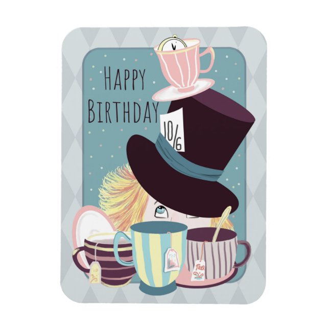 Ímã Happy Birthday Mad Hatter Tea Party Postcard (Vertical)
