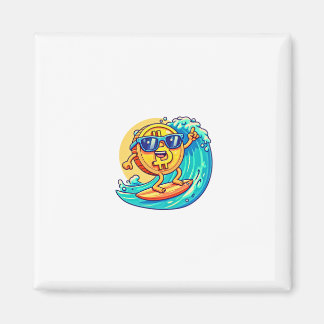 Imã Happy Bitcoin Wearing Sunglasses Surfing a Blockch