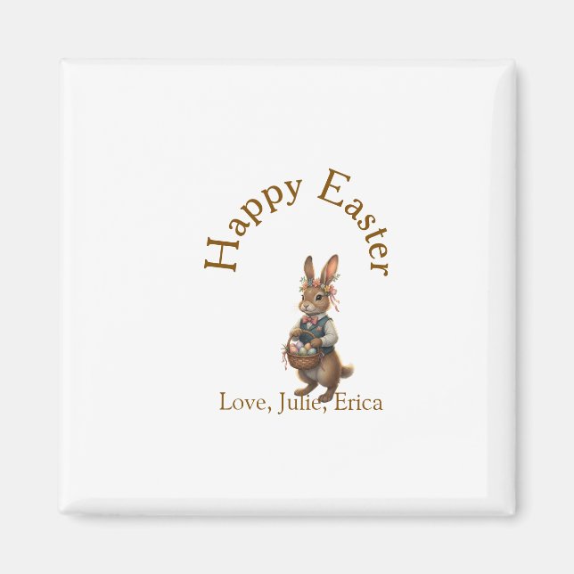 Imã Happy Easter brown bunny with eggs love add name  (Frente)