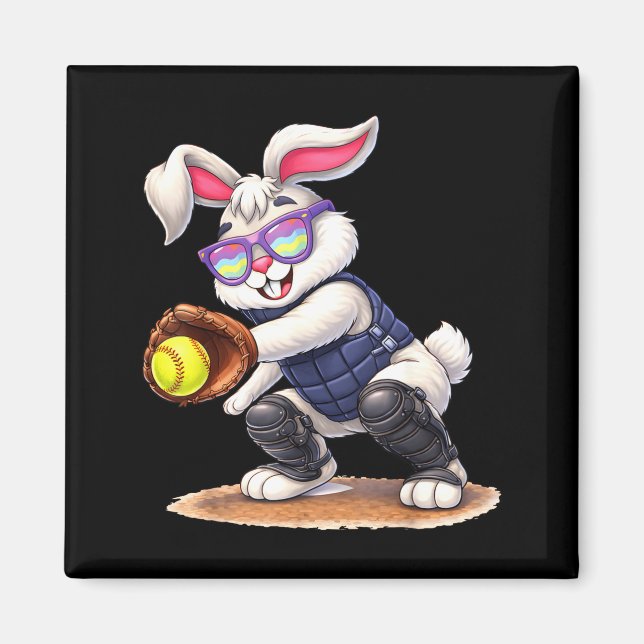 Imã Happy easter holiday bunny playing softball (Frente)