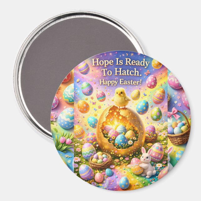 Imã Happy Easter, magical chick and bunny decorative f (Front/Back)