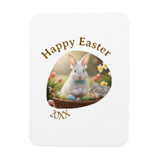 Ímã Happy Easter white bunny year photo family name  (Vertical)