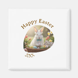 Imã Happy Easter white bunny year photo family name