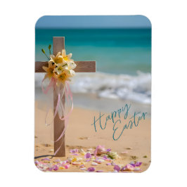 Ímã Happy Easter Wooden Cross and Lilies on Beach