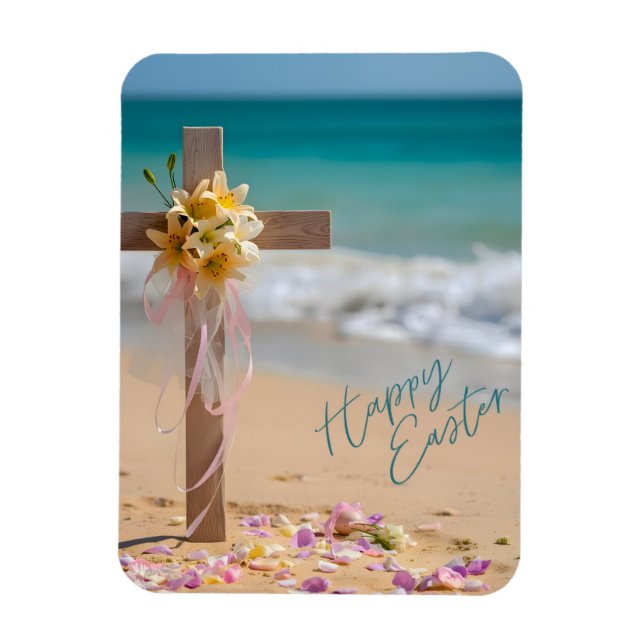 Ímã Happy Easter Wooden Cross and Lilies on Beach (Vertical)