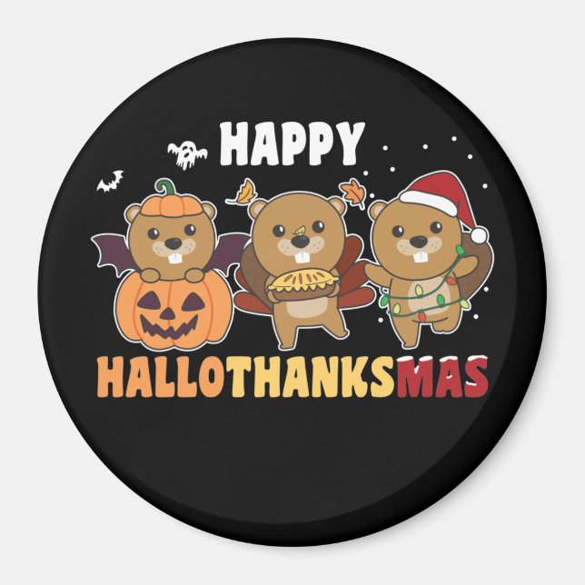 Imã Happy Hallothanksmas Beaver Christmas Beaver Magne (Frente)
