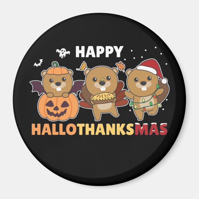 Imã Happy Hallothanksmas Beaver Christmas Beaver Magne (Frente)
