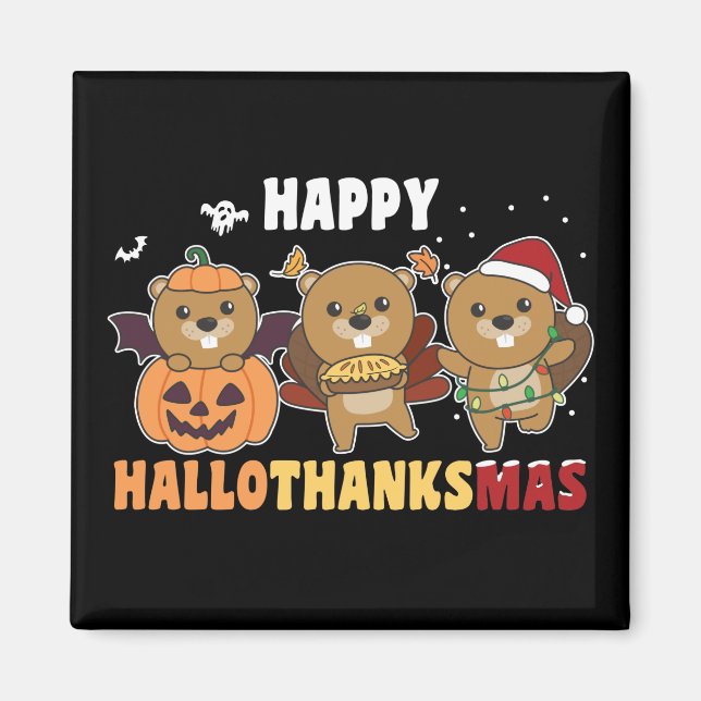 Imã Happy Hallothanksmas Beaver Christmas Beaver Magne (Frente)