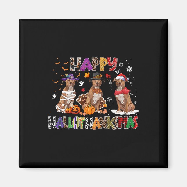 Imã Happy Hallothanksmas Pitbull Dog Halloween C (Frente)