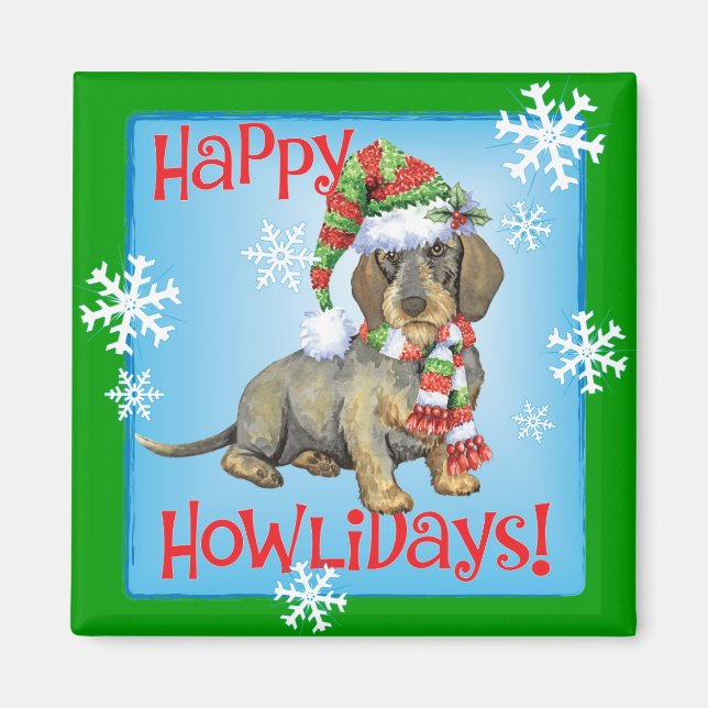 Imã Happy Howlidays Wirehaired Dachshund (Frente)