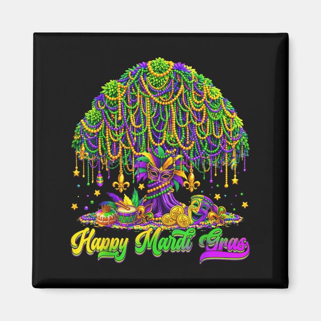 Imã Happy Mardi Gras Tree Beads Mask Carnival New Orle (Frente)