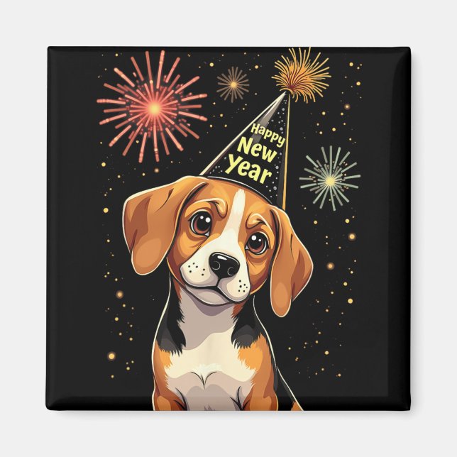 Imã Happy New Year 2025 Eve Firework Dog Funny Beagle  (Frente)