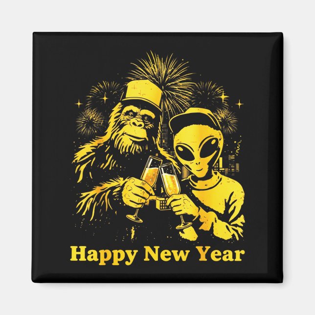 Imã Happy New Year 2026 Bigfoot Alien Lovers New Years (Frente)