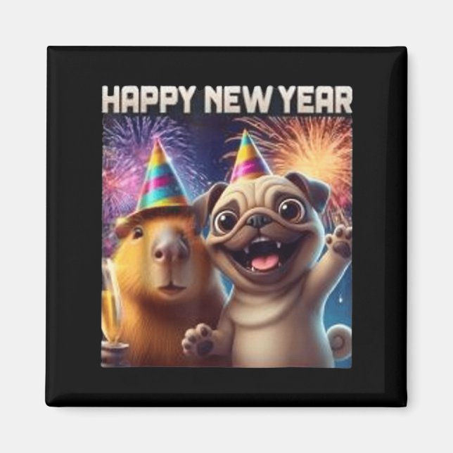 Imã Happy New Year 2026 Capybara Pug Party Art  (Frente)