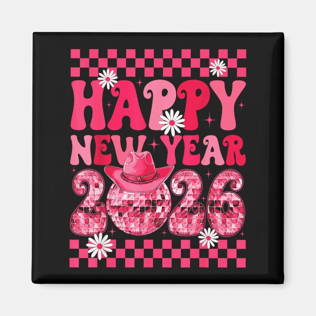 Imã Happy New Year 2026 Cowgirl Cowboy Disco Ball Girl (Frente)