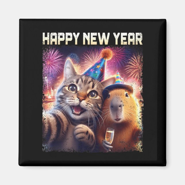 Imã Happy New Year 2026 Cute Cat Capybara Party Art  (Frente)