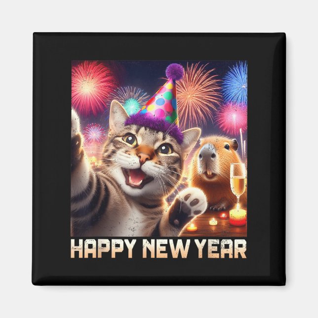 Imã Happy New Year 2026 Cute Cat Capybara Party Art  (Frente)