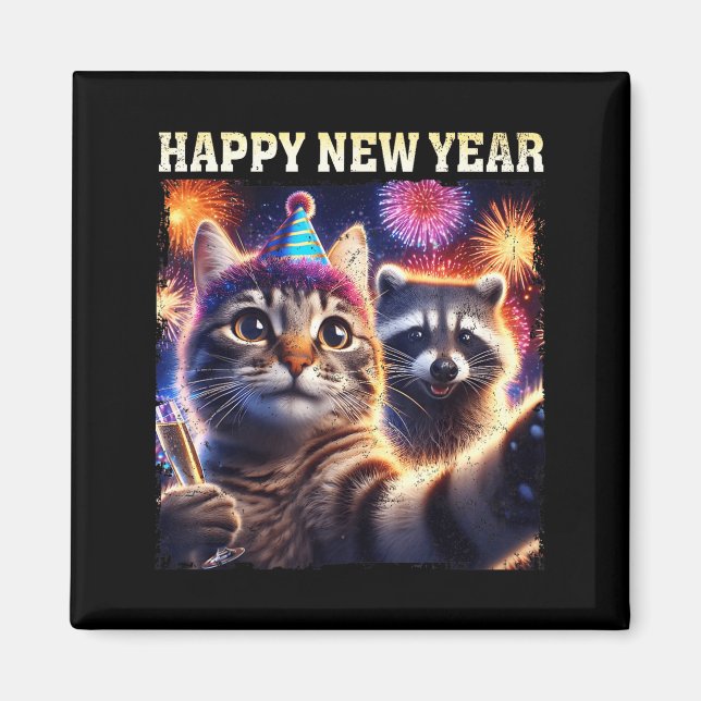 Imã Happy New Year 2026 Cute Cat Raccoon Celebration  (Frente)