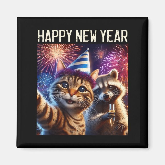 Imã Happy New Year 2026 Cute Cat Raccoon Celebration  (Frente)