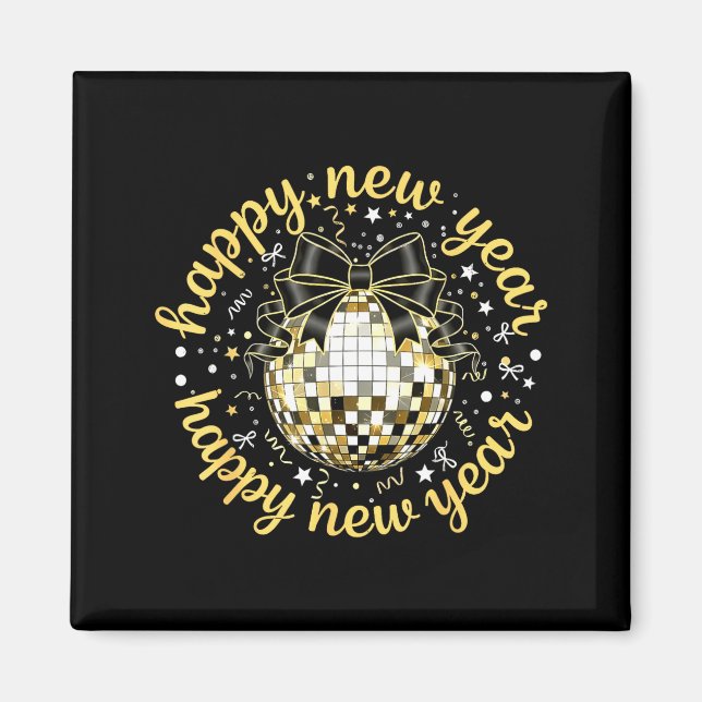 Imã Happy New Year 2026 Disco Ball Gold Bow Coquette C (Frente)