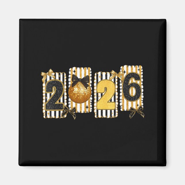 Imã Happy New Year 2026 Disco Ball Gold Coquette Bow F (Frente)