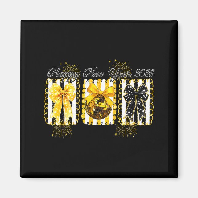 Imã Happy New Year 2026 Disco Ball Gold Coquette Bow F (Frente)