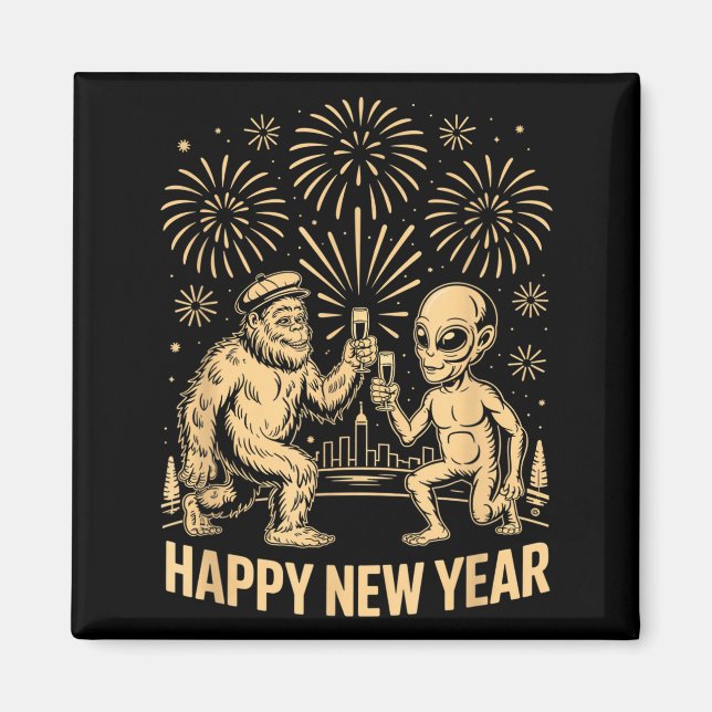 Imã Happy New Year 2026 Funny Bigfoot And Alien Lovers (Frente)