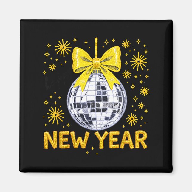 Imã Happy New Year 2026 Golden Disco Ball Bow New Year (Frente)