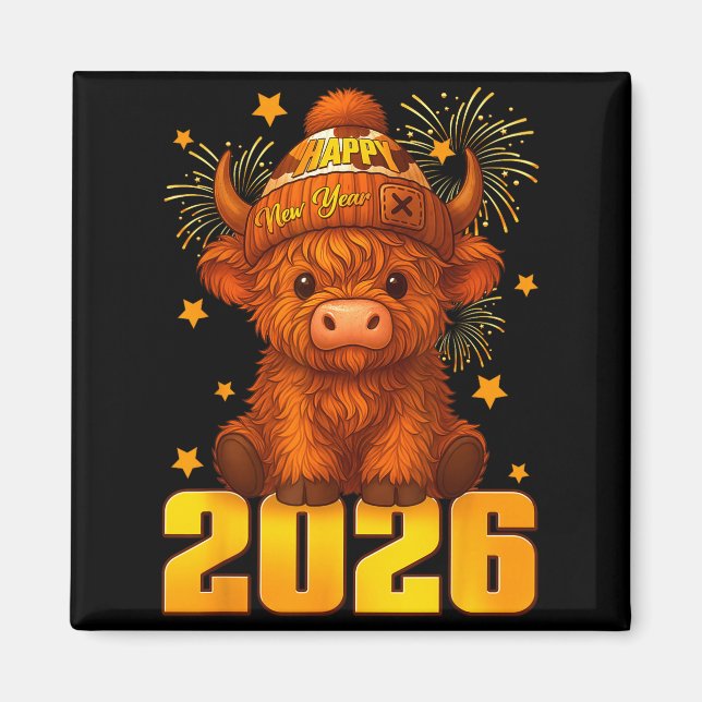 Imã Happy New Year 2026 Highland Cow &amp; Party Hat N (Frente)
