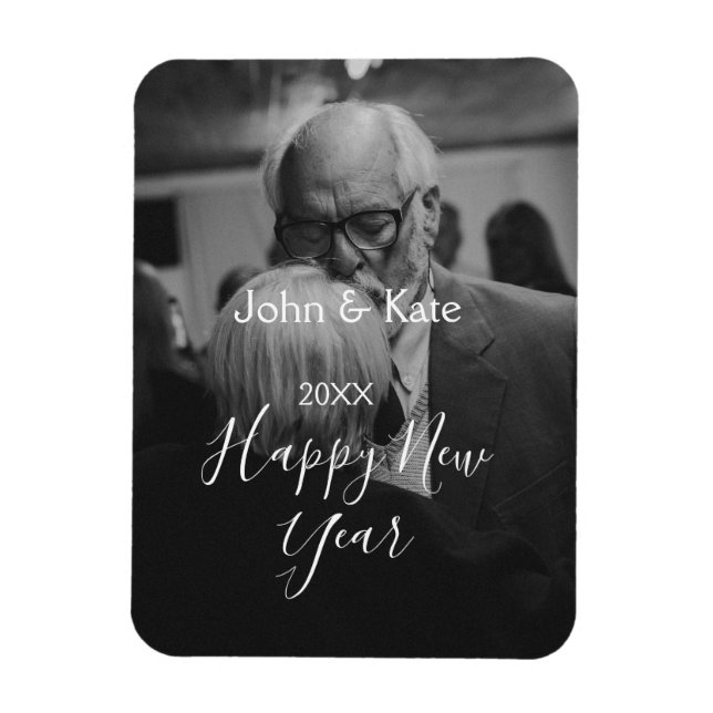 Ímã Happy new year couple photo name year black white  (Vertical)