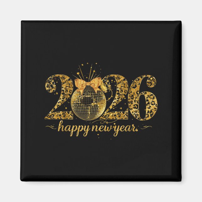 Imã Happy New Year Cute Gold Disco Ball Bow New Year's (Frente)